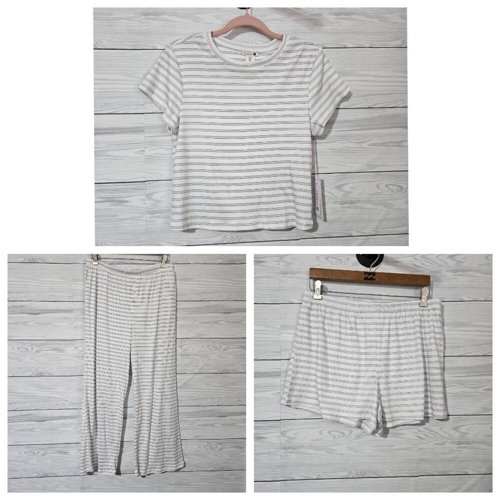 Sundry Blue White Stripe 3 Piece Lounge Set Top Shorts Pants Large NWT Pajama PJ